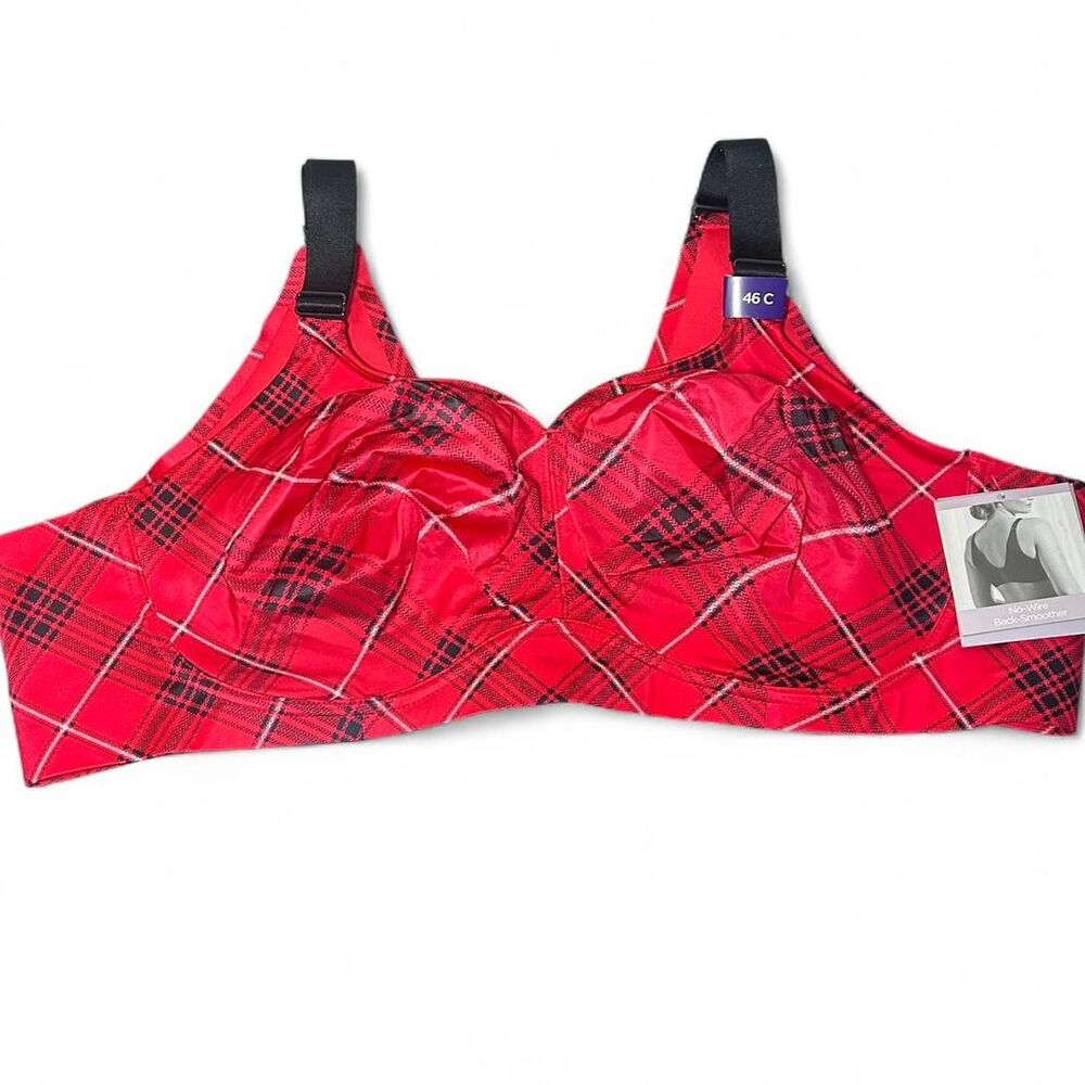 New Catherine’s red plaid unlined wire free back smoother bra 46C
